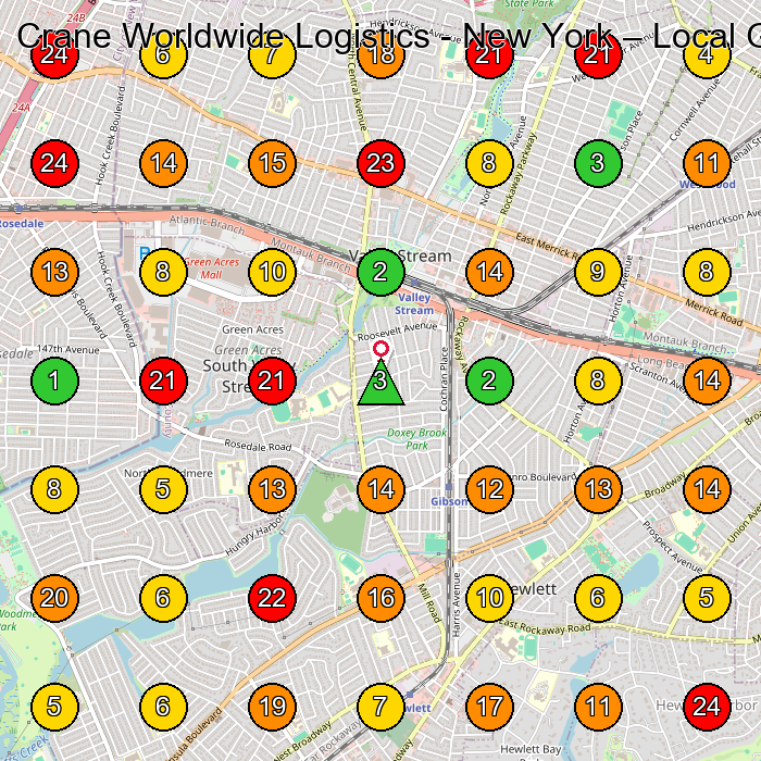 Crane Worldwide Logistics - New York Logistics Service GeoGrid ranking map for Valley Stream NY